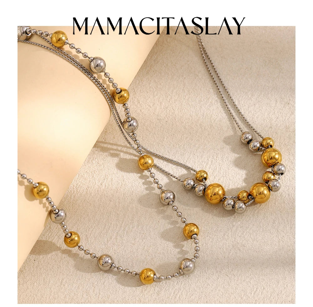 MamacitaSlay Stainless Steel Double Color Steel Ball Pendant Necklace Party Waterproof Jewelry Women's Charming Neck Jewelry