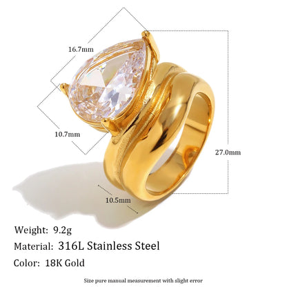 Mamacitaslay 316L Stainless Steel Pear Cut Zircon Geometric Ring 18K Gold Plated Waterproof Jewelry For Women Banquet Party Wear