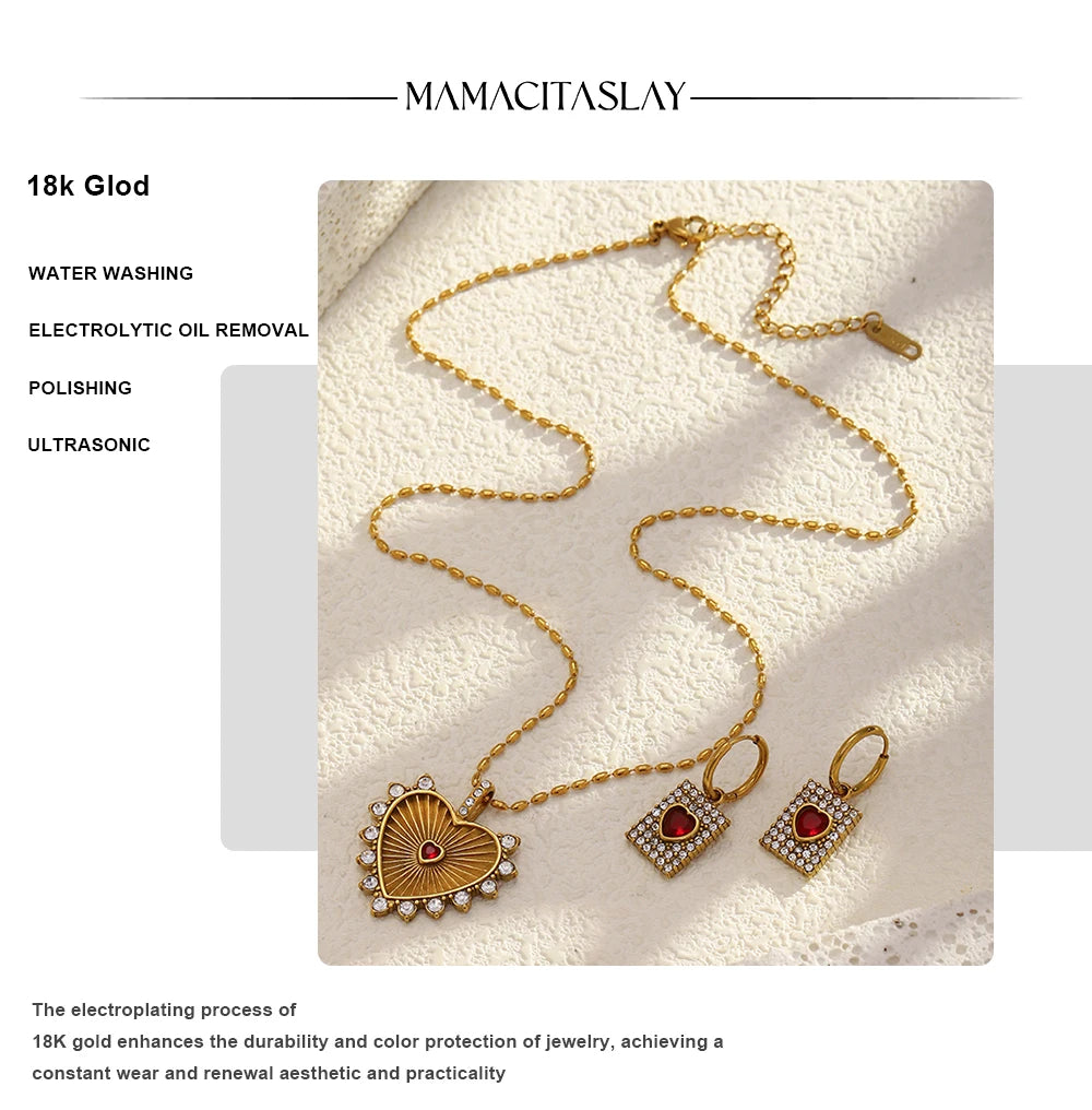 MamacitaSlay 316L Stainless Steel Heart Cross Zircon Earrings Necklace 18K Gold Plated Waterproof Jewelry Set Women's Gifts