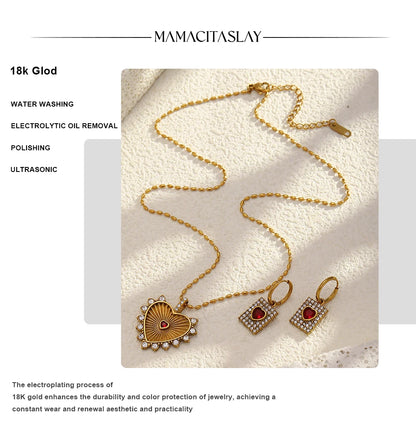 MamacitaSlay 316L Stainless Steel Heart Cross Zircon Earrings Necklace 18K Gold Plated Waterproof Jewelry Set Women's Gifts