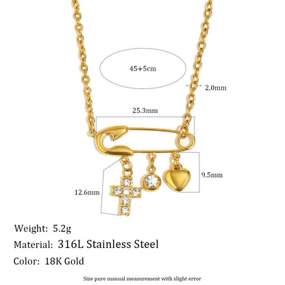 MamacitaSlay 316L Stainless Steel Zircon Paper Clip Key Lock Cross Pendant Necklace Waterproof Jewelry Women's Creative Necklace