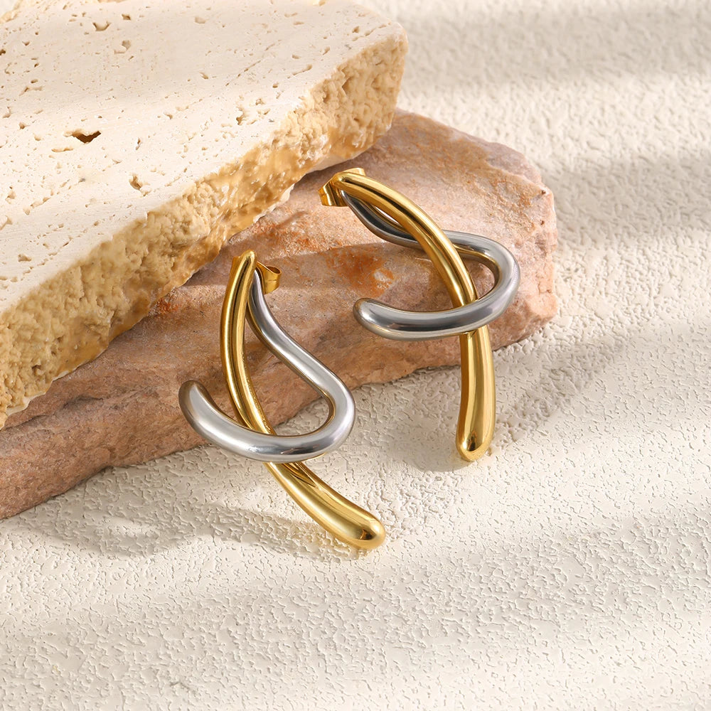 MamacitaSlay 316L Stainless Steel Two Tone Intertwined Stud Earrings 18K Gold Plated PVD Waterproof Jewelry For Women Daily Gift