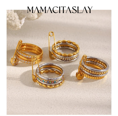 MamacitaSlay 316L Stainless Steel Zircon Mixed Color Multilayer Paperclip Ring Party Waterproof Jewelry Women's Unique Ring Gift