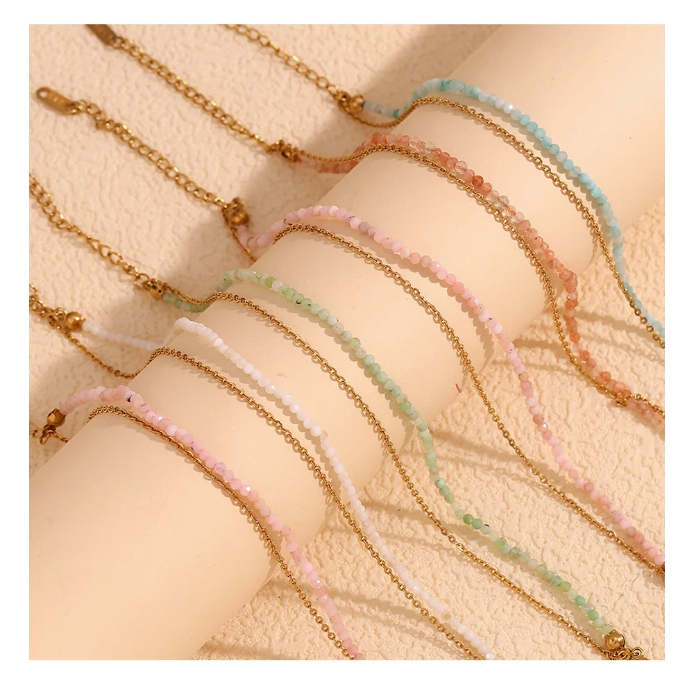 Mamacitaslay 316L Stainless Steel Natural Stone Beaded Thin Chain Bracelet Anklet Waterproof Everyday Jewelry For Women Gift