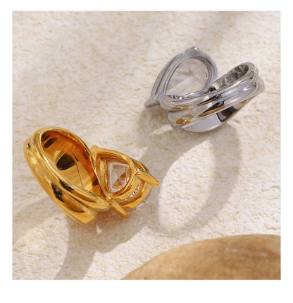 Mamacitaslay 316L Stainless Steel Pear Cut Zircon Geometric Ring 18K Gold Plated Waterproof Jewelry For Women Banquet Party Wear