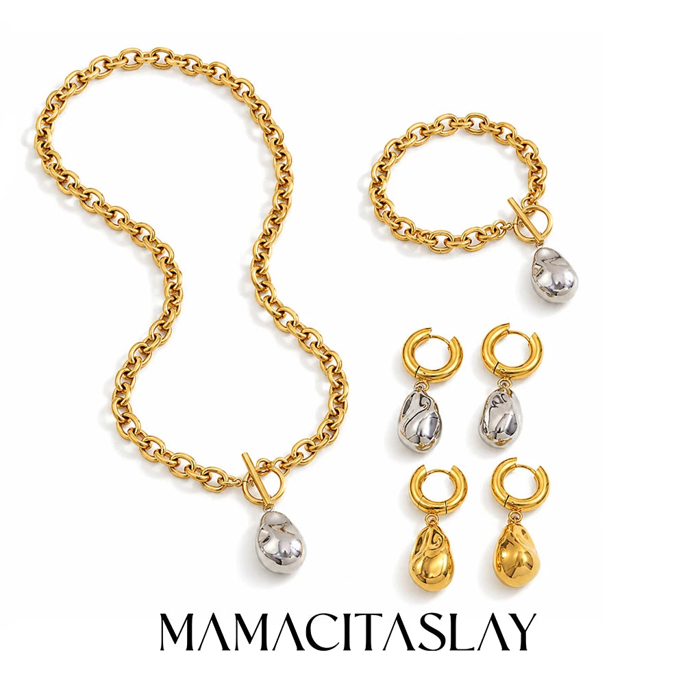 MamacitaSlay 316L Stainless Steel Irregular Pendant Necklace Bracelet Earring Set For Women's Charm Waterproof Jewelry Set Gift