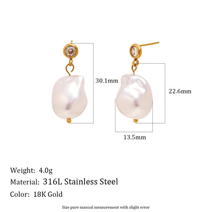 MamacitaSlay 316L Stainless Steel Zircon Baroque Pearl Earrings Necklace 18K Gold Plated Waterproof Jewelry Set For Women Gift