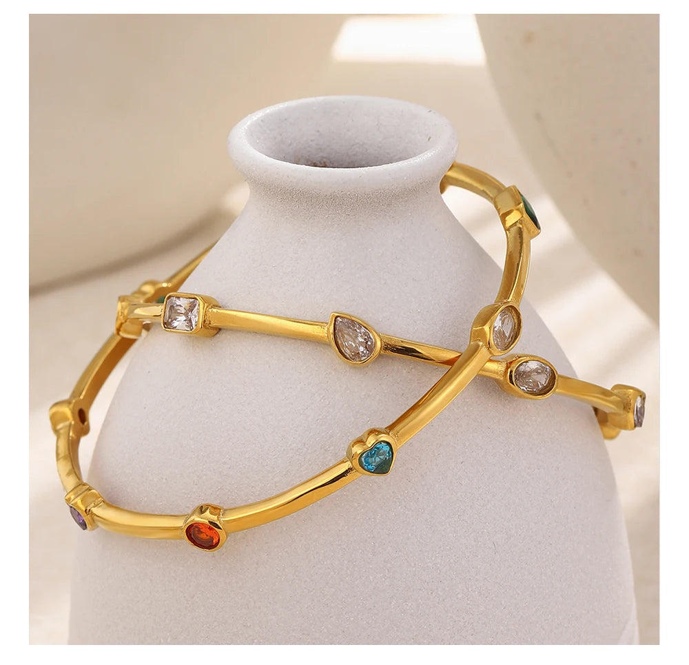 MamacitaSlay 316L Stainless Steel Colorful Zircon Heart Star Bangle 18K Gold Plated Waterproof Stackable Jewelry For Women Gift