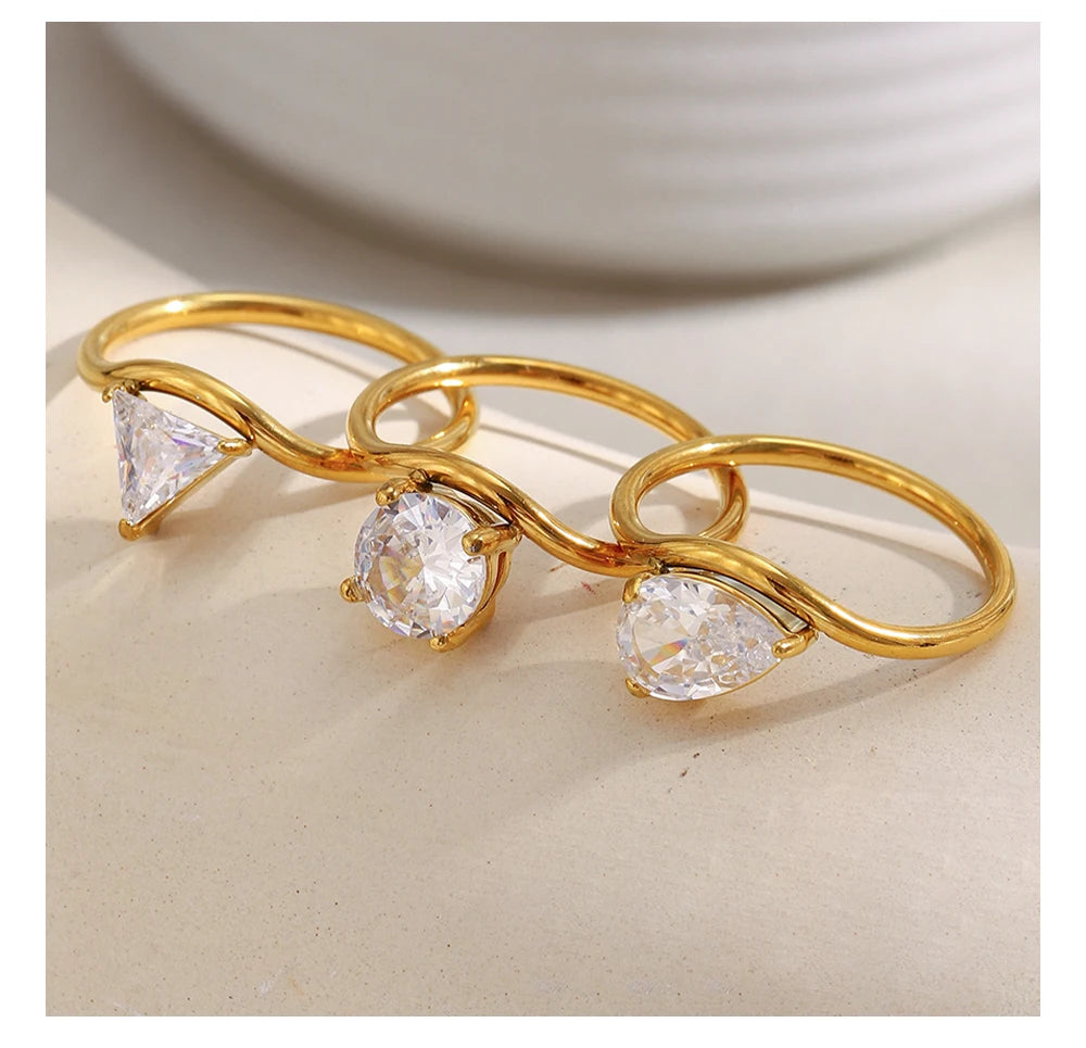 MamacitaSlay 316L Stainless Steel Water Drop Circular Triangle Zircon Wave Ring 18K Gold Plated Waterproof Jewelry For Women