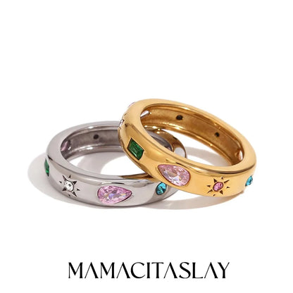 MamacitaSlay 316L Stainless Steel Multicolor Zircon Ring Waterproof 18K Gold Plated Jewelry For Women's Classic Ring Gift 2026