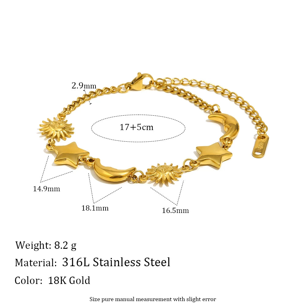 MamacitaSlay 316L Stainless Steel Sun Moon Star Bracelet Earrings Waterproof 18K Gold Plated Jewelry Creative Accessories Gift