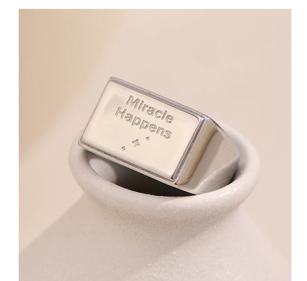 MamacitaSlay 316L Stainless Steel "Miracle Happens" Letter Ring Party Waterproof Jewelry Women's Classic Charm Ring 2025 Gift