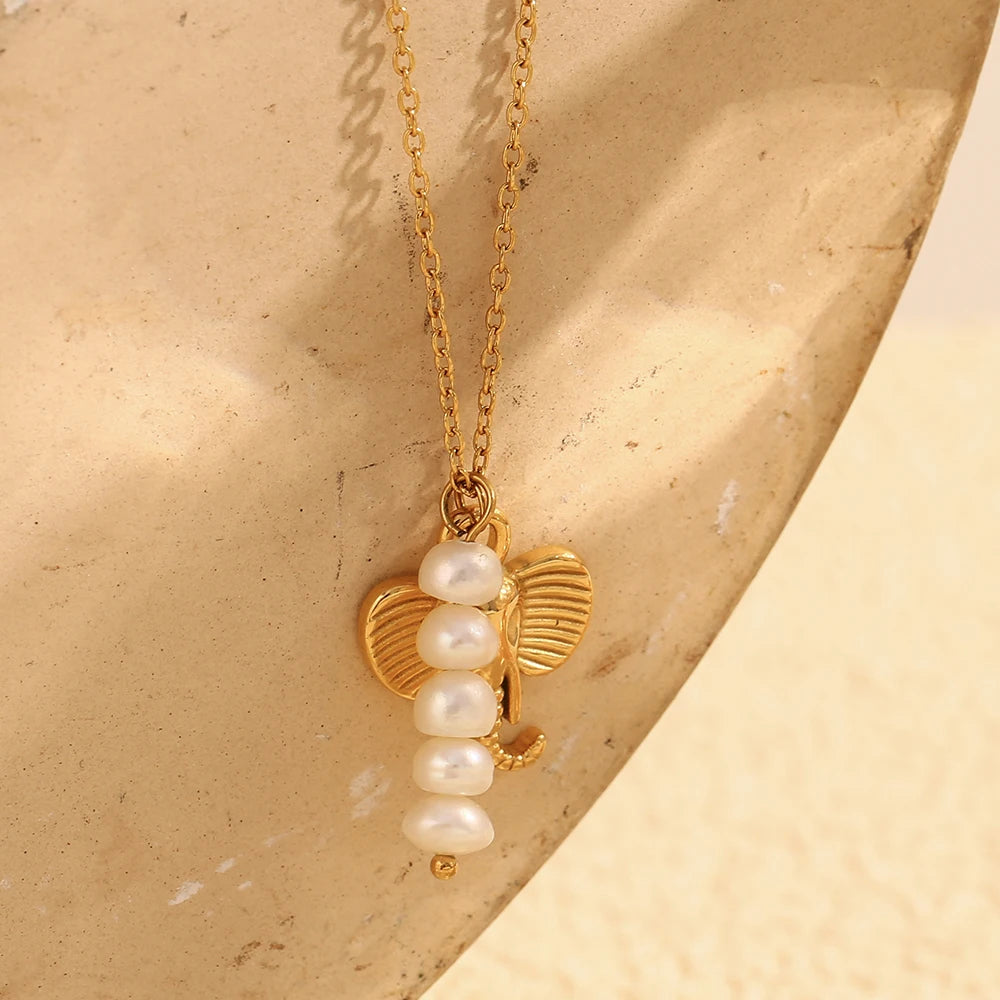 MamacitaSlay Stainless Steel Pearl Elephant Necklace Vacation Party Waterproof Jewelry Women's Charm High Quality Neck Jewelry