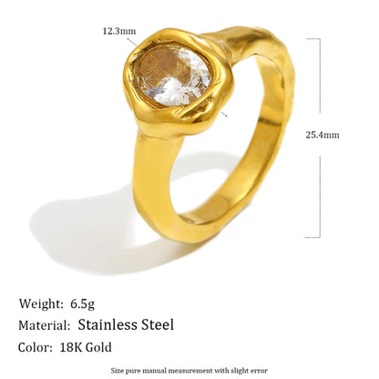 MamacitaSlay 316L Stainless Steel CZ Solitaire Stackable Ring 18K Gold Plated Waterproof Jewelry For Women Elegant Daily Wear