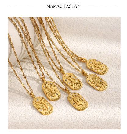 MamacitaSlay 316L Stainless Steel Zircon 12 Constellation Tarot Card Necklace 18K Gold Plated Waterproof Jewelry Women's Gifts