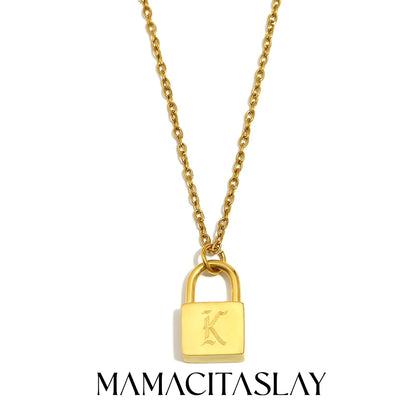 MamacitaSlay 316L Stainless Steel Ancient Letters Engaged Lock Pendant Necklace 18K Gold Plated Waterproof Neck Jewelry Gift