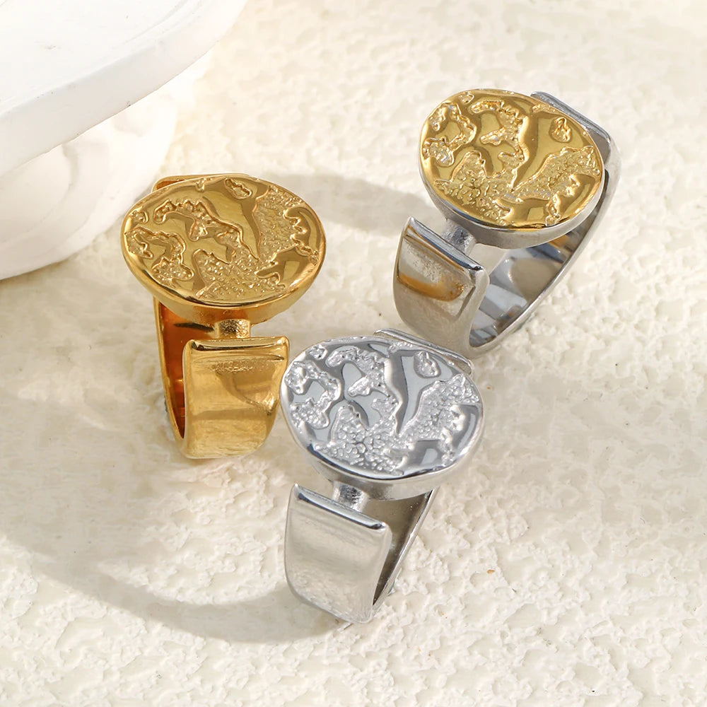 MamacitaSlay 316L Stainless Steel Mixed Color Planet Relief Oval Ring 18K Gold Plated Waterproof Jewelry Women's Unique Ring