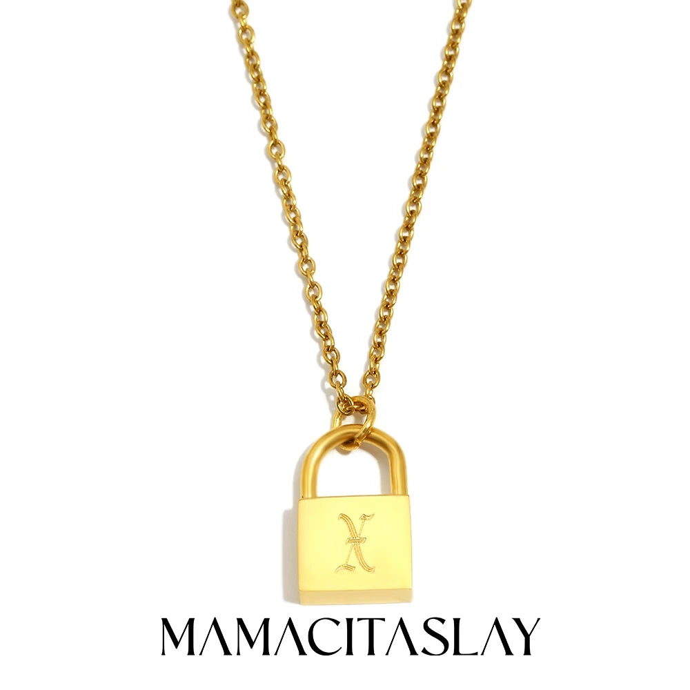 MamacitaSlay 316L Stainless Steel Ancient Letters Engaged Lock Pendant Necklace 18K Gold Plated Waterproof Neck Jewelry Gift