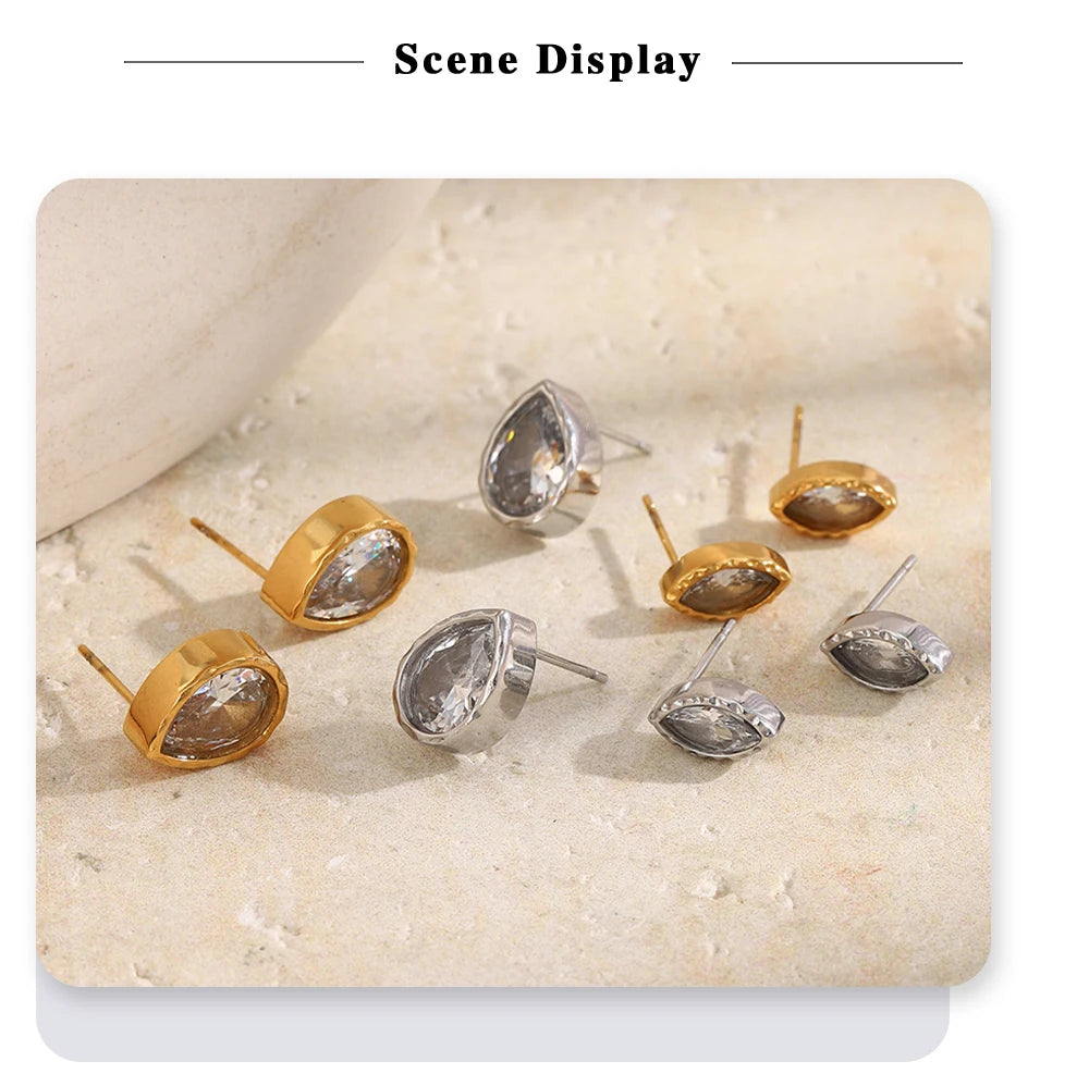 MamacitaSlay 316L Stainless Steel Water Drop Horse Eye Zircon Stud Earrings 18K Gold Plated Waterproof Elegant Jewelry For Women