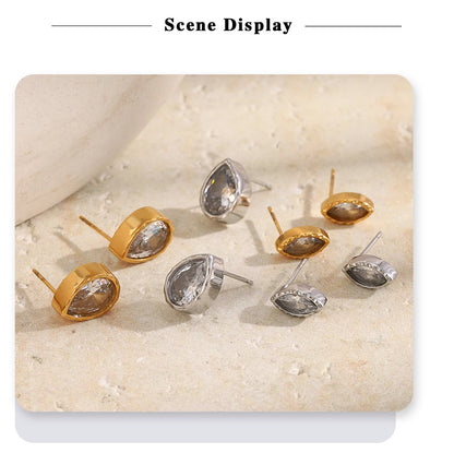MamacitaSlay 316L Stainless Steel Water Drop Horse Eye Zircon Stud Earrings 18K Gold Plated Waterproof Elegant Jewelry For Women