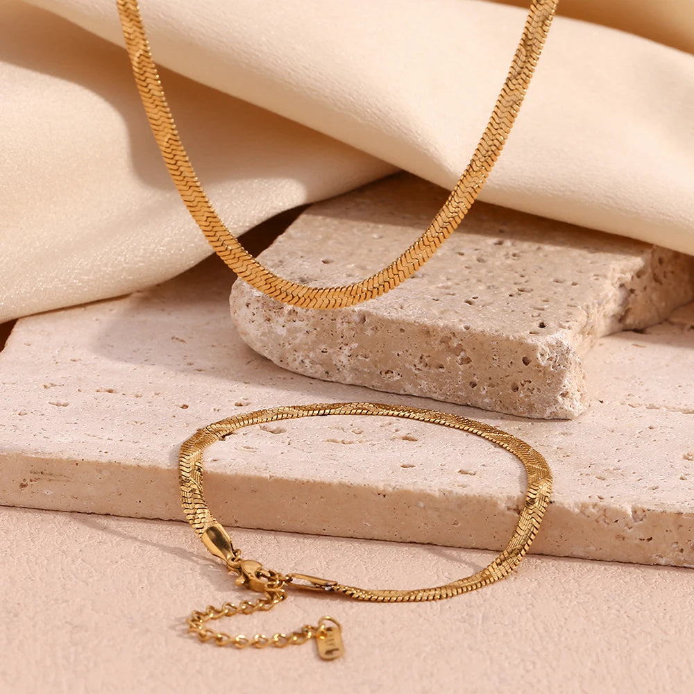 MamacitaSlay 316L Stainless Steel Snake Bone Stackable Necklace Bracelet 18K Gold Plated Waterproof Jewelry Set For Women Gift