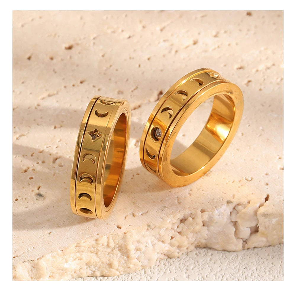 MamacitaSlay 316L Stainless Steel Spinning Moon Star Hollow Out Zircon Ring 18K Gold Plated Waterproof Jewelry For Women Gift