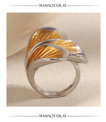 MamacitaSlay 316L Stainless Steel Two Tone Petal Ring Party Waterproof Jewelry Women's Elegant 18K Gold Plated Ring Gift 2025