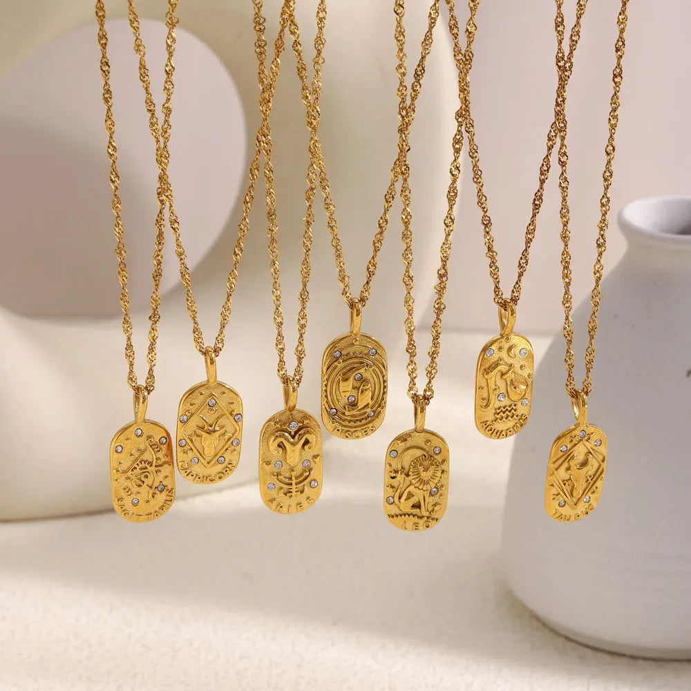MamacitaSlay 316L Stainless Steel Zircon 12 Constellation Tarot Card Necklace 18K Gold Plated Waterproof Jewelry Women's Gifts