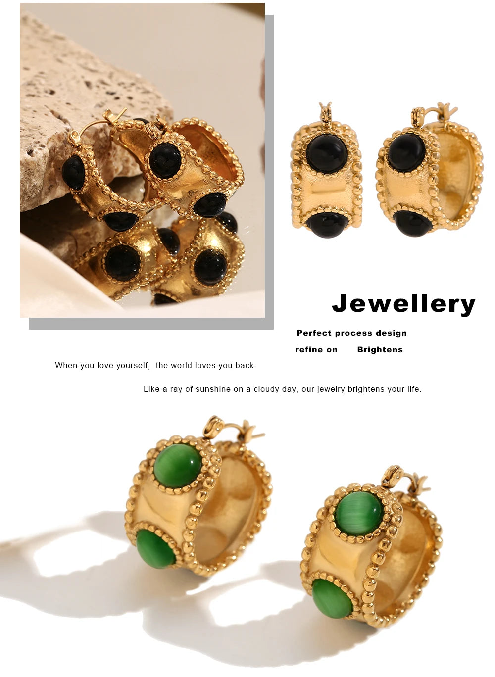 MamacitaSlay 316L Stainless Steel Retro Agate Beaded Edge Hoop Earrings 18K Gold Plated Waterproof Jewelry For Women Daily Wear