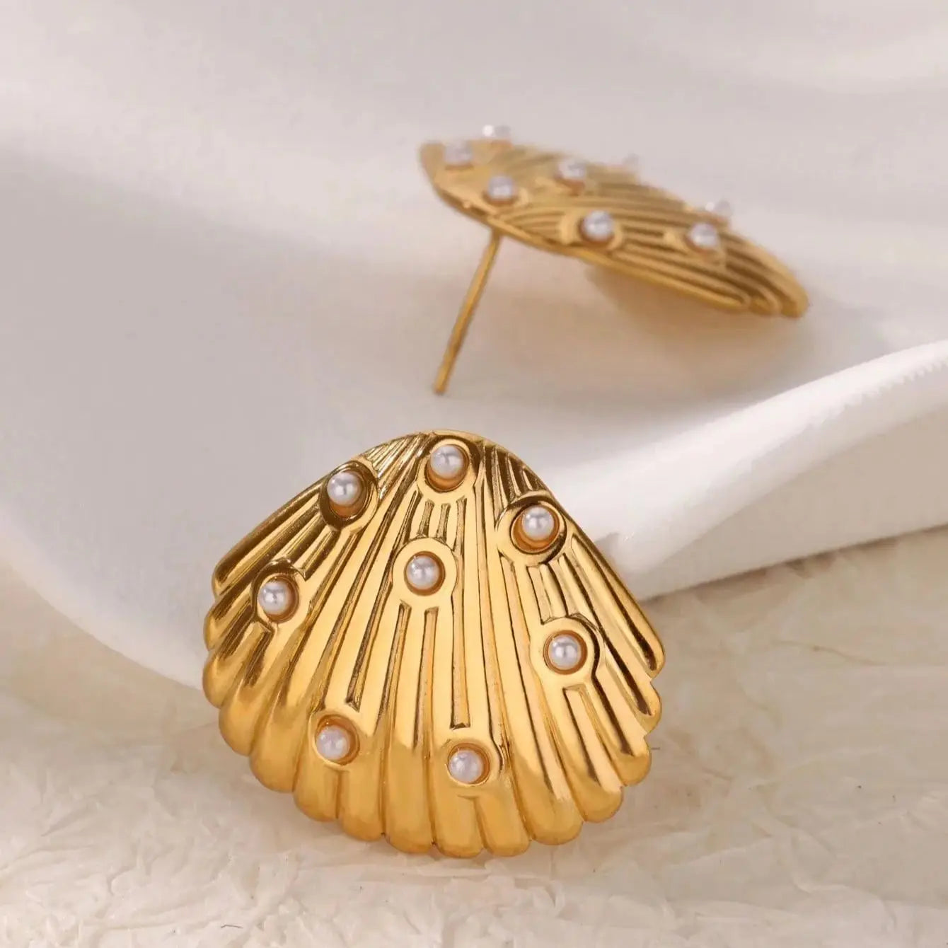 Golden Shell Pearl Stud Earrings