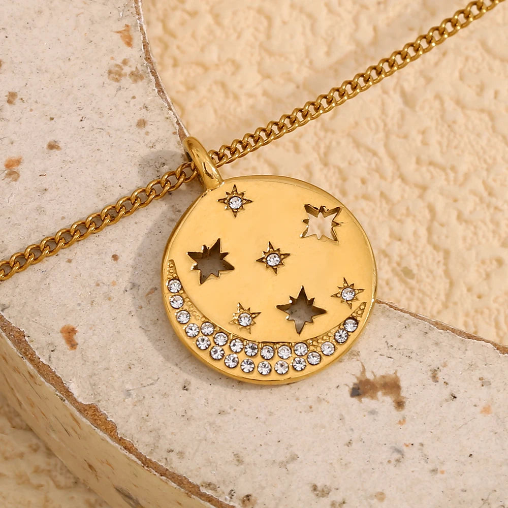 MamacitaSlay Minimalist Stainless Steel Zircon Sun Moon Star Zircon Pendant Necklace Creative Waterproof Jewelry Women's Gift