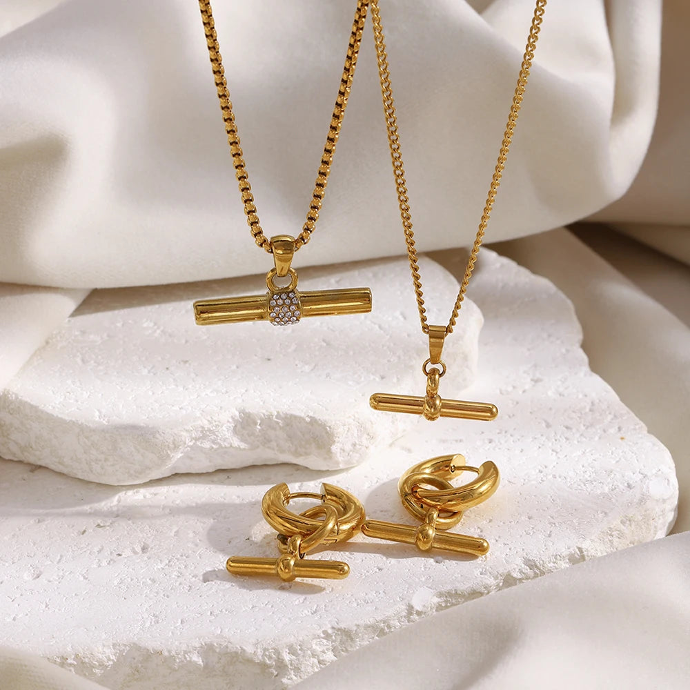 MamacitaSlay 316L Stainless Steel T-Bar Pendant Necklace Earrings Waterproof 18K Gold Plated Jewelry Women's Earrings Necklace