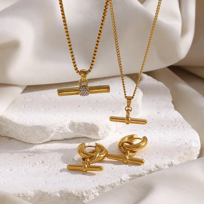 MamacitaSlay 316L Stainless Steel T-Bar Pendant Necklace Earrings Waterproof 18K Gold Plated Jewelry Women's Earrings Necklace