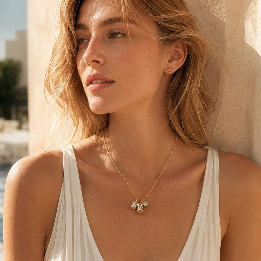 MamacitaSlay Elegant 316LStainless Steel Oval Rectangle Zircon Necklace 18K Gold Plated Waterproof Jewelry For Women Dainty Gift