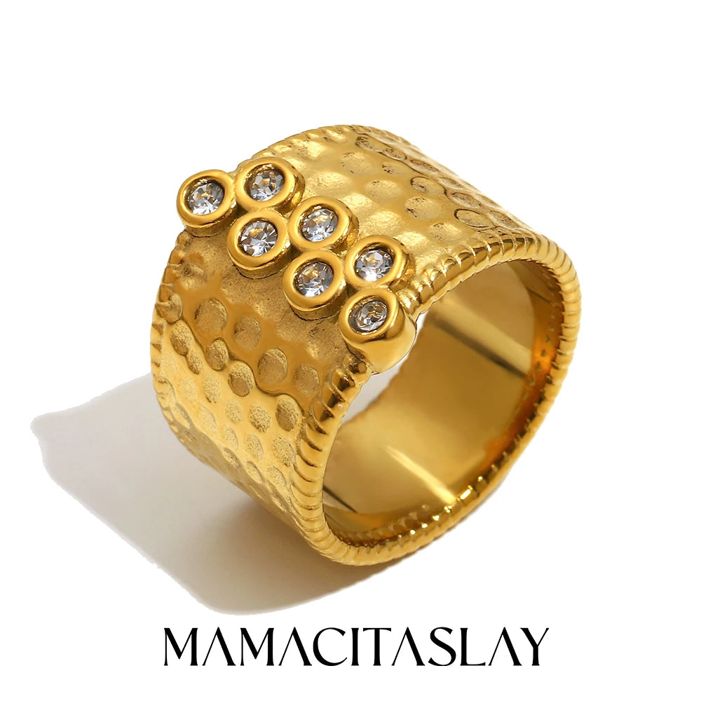 MamacitaSlay 316L Stainless Steel Multi Colored Zircon Hammer Patterned Wide Ring Party Waterproof Jewelry Women's Charm Ring
