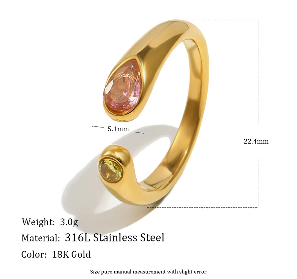 MamacitaSlay 316L Stainless Steel Multicolour Zircon Open Ring 18K Gold Plated Waterproof Jewelry Women's Minimalist Ring Gift