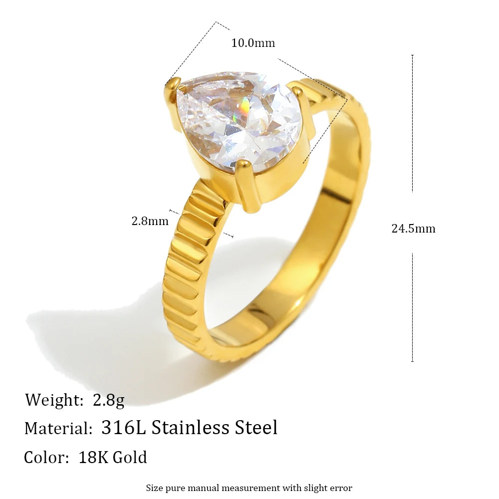 MamacitaSlay 316L Stainless Steel Zircon Water Droplet Crown Ring 18K Gold Plated Waterproof Jewelry Women's Elegant Ring Gift