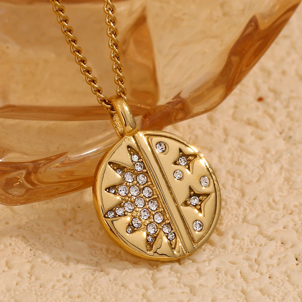 MamacitaSlay Minimalist Stainless Steel Zircon Sun Moon Star Zircon Pendant Necklace Creative Waterproof Jewelry Women's Gift