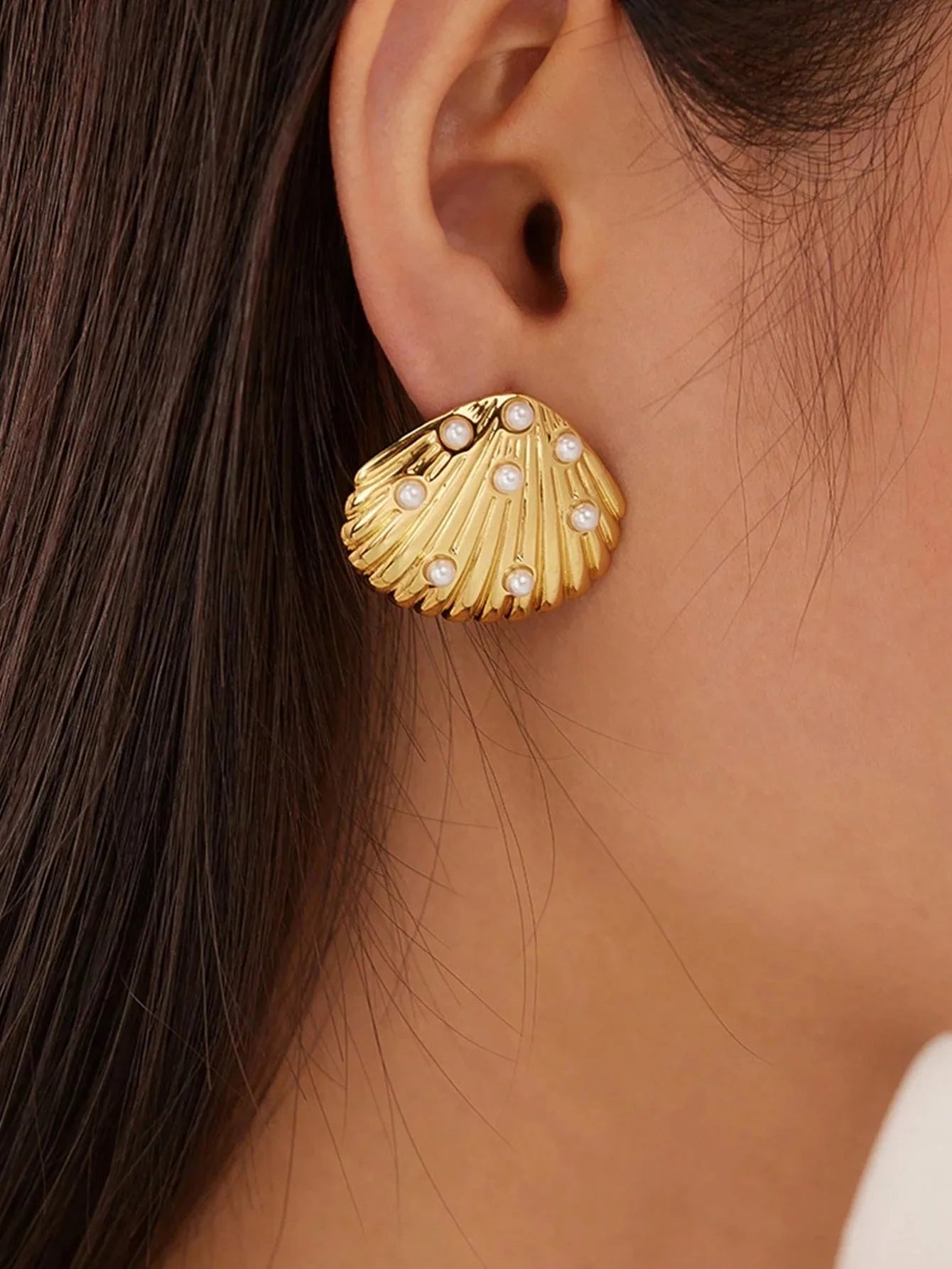 Golden Shell Pearl Stud Earrings