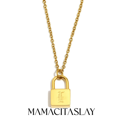 MamacitaSlay 316L Stainless Steel Ancient Letters Engaged Lock Pendant Necklace 18K Gold Plated Waterproof Neck Jewelry Gift