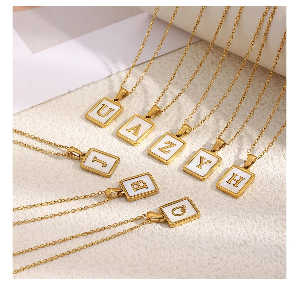MamacitaSlay 18K Gold Plated Chain Necklaces Male Square Shell Letters Necklaces 316L Stainless Steel Jewelry For Women Gift