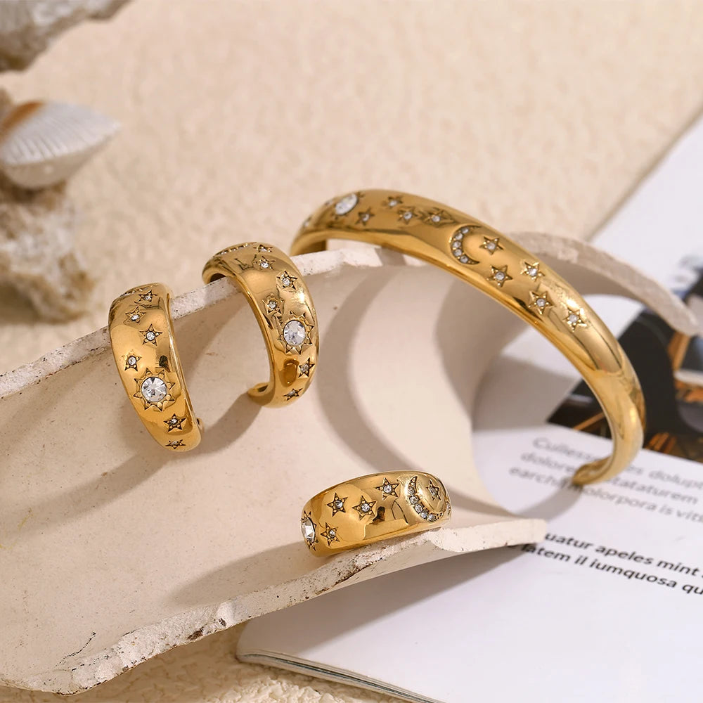 MamacitaSlay Stainless Steel 18K Gold Plated Sun Moon Stars Ring 2025 New Design Waterproof Jewelry Women's Charm Finger Jewelry