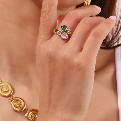 MamacitaSlay 316L Stainless Steel Zircon Heart Opening Ring 2025 Party Waterproof 18K Gold Plated Jewelry Women's Elegant Gift