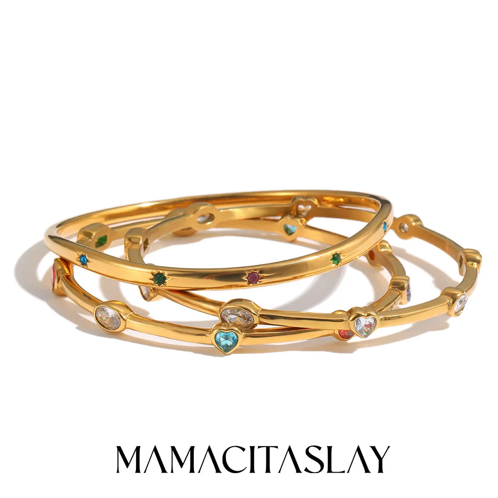MamacitaSlay 316L Stainless Steel Colorful Zircon Heart Star Bangle 18K Gold Plated Waterproof Stackable Jewelry For Women Gift
