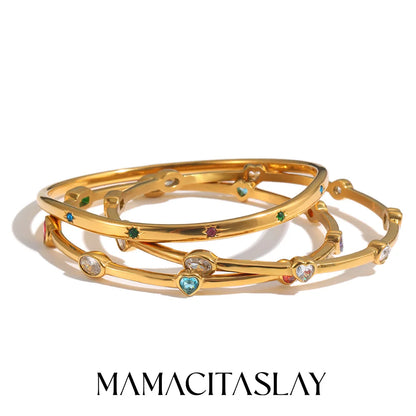 MamacitaSlay 316L Stainless Steel Colorful Zircon Heart Star Bangle 18K Gold Plated Waterproof Stackable Jewelry For Women Gift