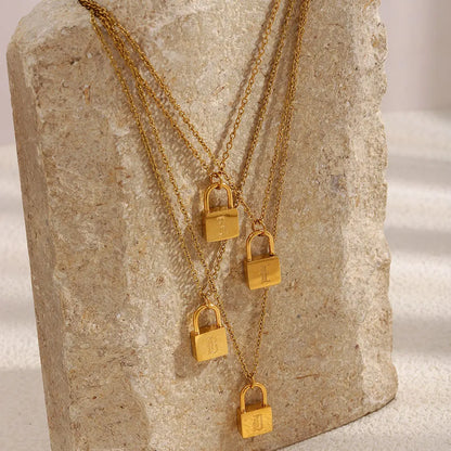 MamacitaSlay 316L Stainless Steel Ancient Letters Engaged Lock Pendant Necklace 18K Gold Plated Waterproof Neck Jewelry Gift