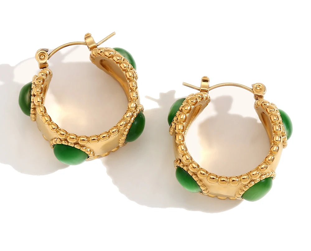 MamacitaSlay 316L Stainless Steel Retro Agate Beaded Edge Hoop Earrings 18K Gold Plated Waterproof Jewelry For Women Daily Wear