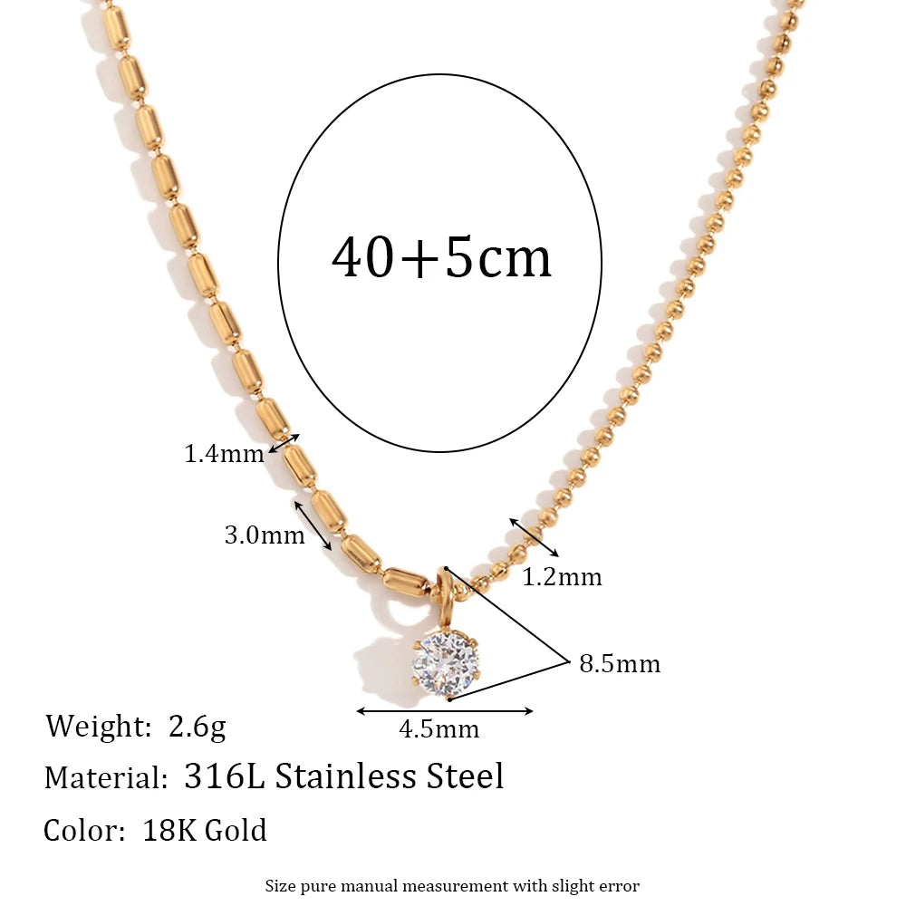 MamacitaSlay Elegant Half Rice Beads Chain Half Round Beads Chain Shiny Round Zircon Pendant Women's Stainless Steel Necklace