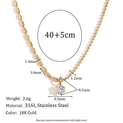 MamacitaSlay Elegant Half Rice Beads Chain Half Round Beads Chain Shiny Round Zircon Pendant Women's Stainless Steel Necklace