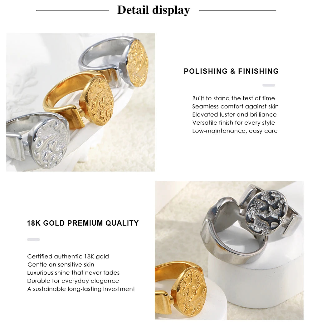 MamacitaSlay 316L Stainless Steel Mixed Color Planet Relief Oval Ring 18K Gold Plated Waterproof Jewelry Women's Unique Ring